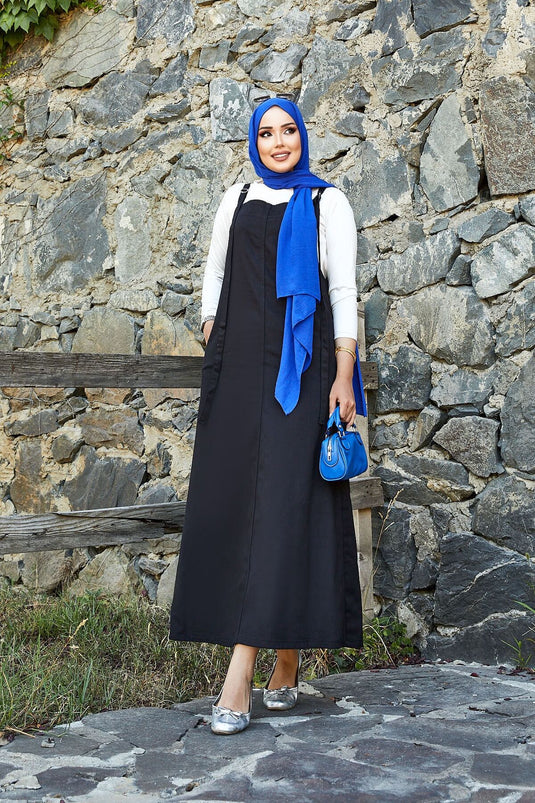 Robe hijab à carreaux avec poches latérales, noire