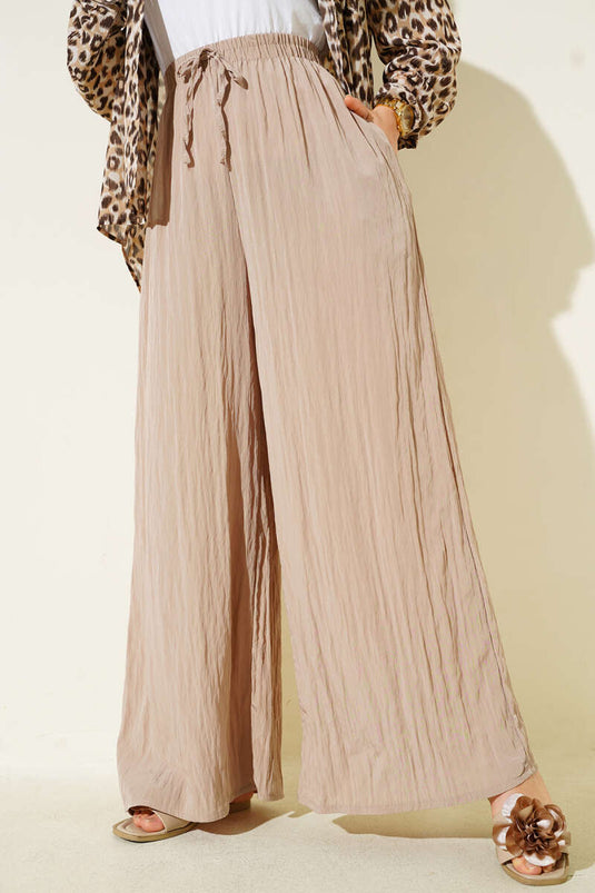 Casual Wrinkled Trousers with Side Pockets Latte