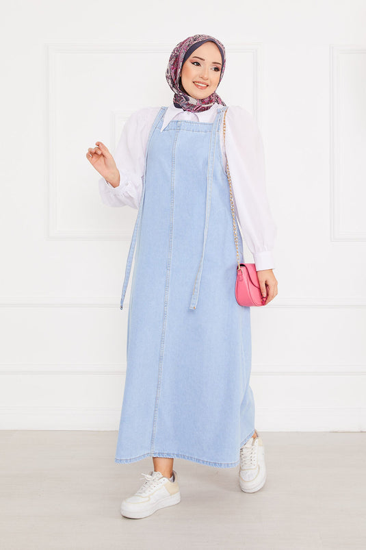 Robe salopette en jean avec poche latérale et hijab bleu clair