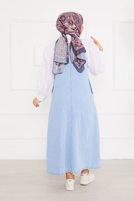 Robe salopette en jean avec poche latérale et hijab bleu clair