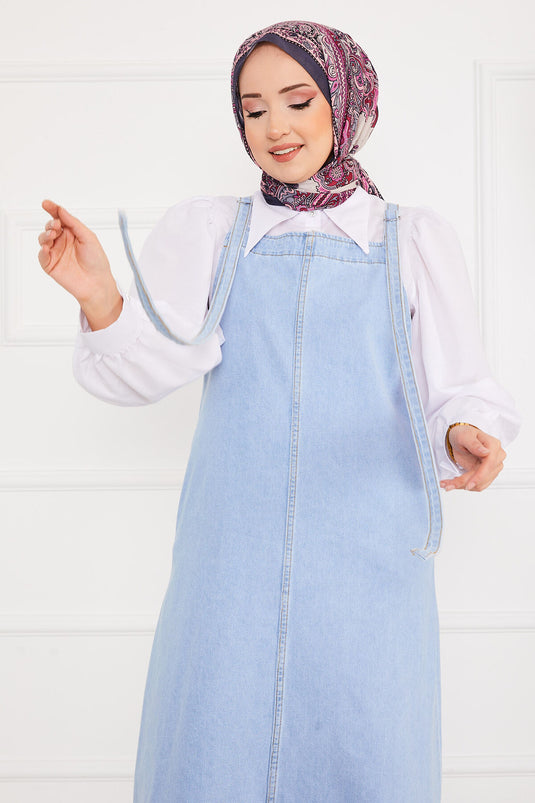 Robe salopette en jean avec poche latérale et hijab bleu clair