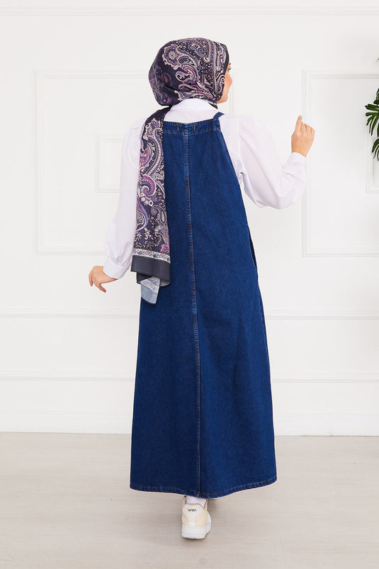 Robe salopette en jean avec poche latérale et hijab bleu foncé