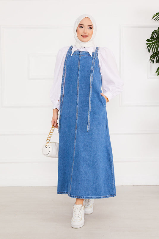 Robe salopette en jean avec poche latérale et hijab bleu