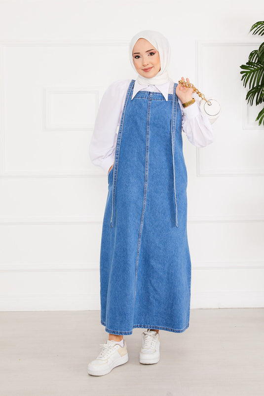 Robe salopette en jean avec poche latérale et hijab bleu