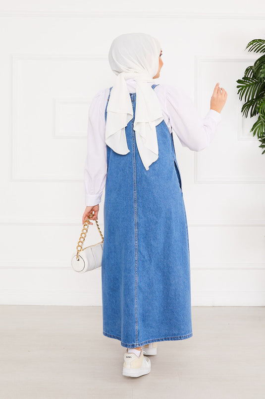 Robe salopette en jean avec poche latérale et hijab bleu