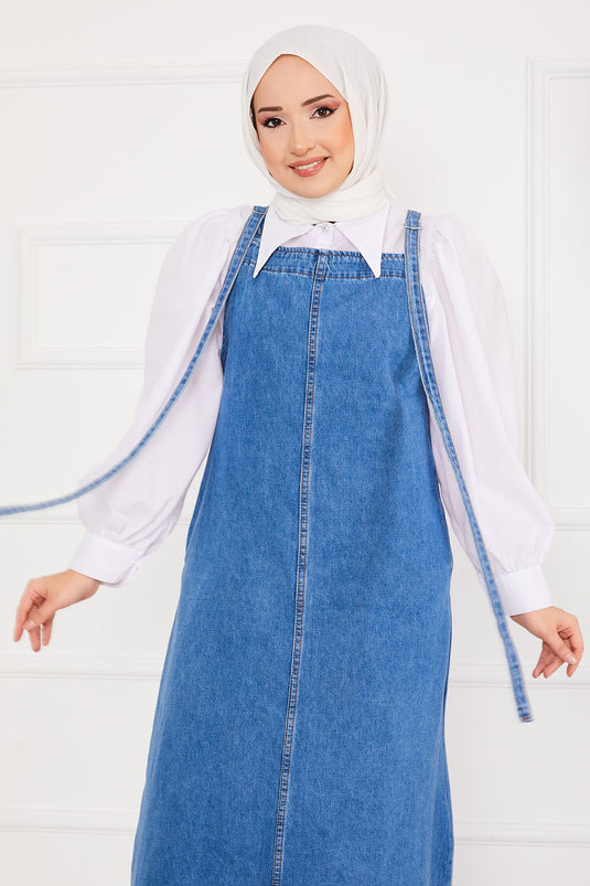 Robe salopette en jean avec poche latérale et hijab bleu