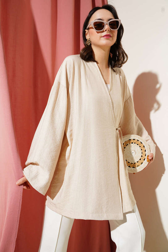 Side Double Rope Tied Kimono Beige