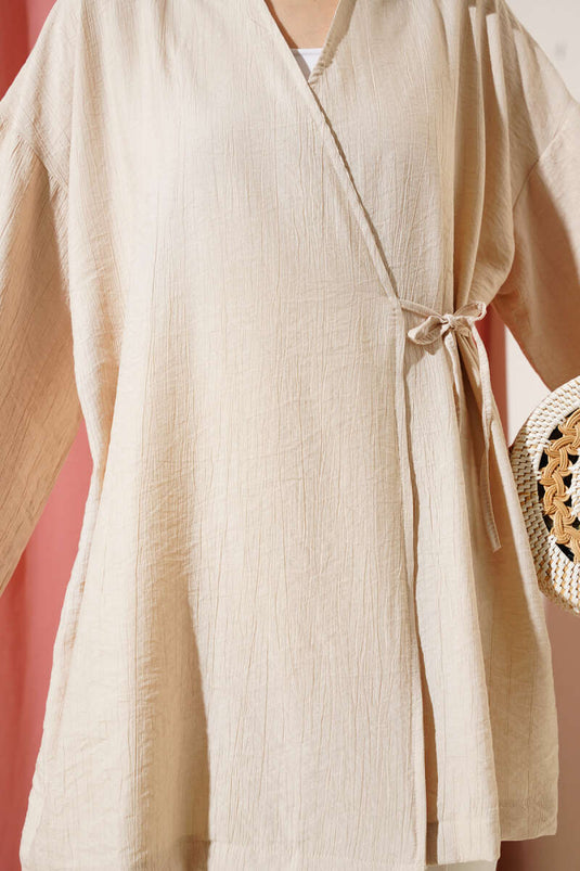 Side Double Rope Tied Kimono Beige