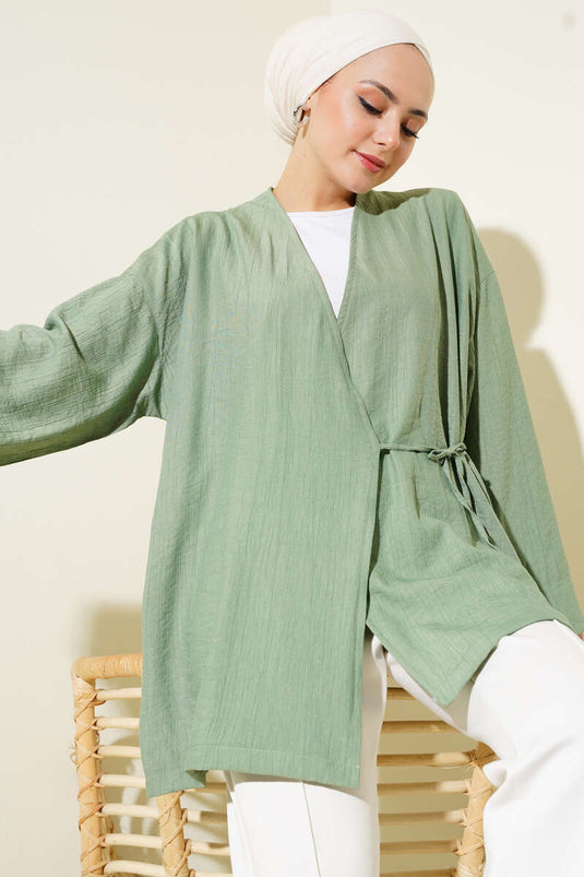 Side Double Rope Tied Kimono Almond Green