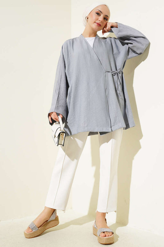 Side Double Rope Tied Kimono Gray