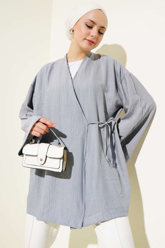 Side Double Rope Tied Kimono Gray
