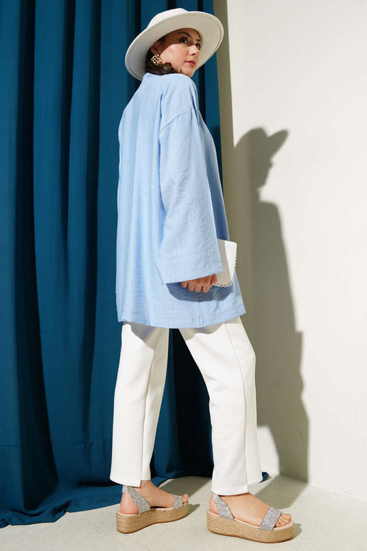 Side Double Rope Tied Kimono Blue