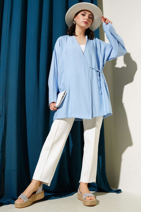 Side Double Rope Tied Kimono Blue