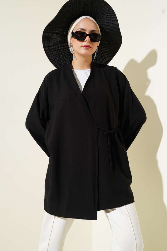 Side Double Rope Tied Kimono Black