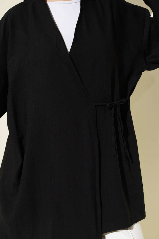 Side Double Rope Tied Kimono Black