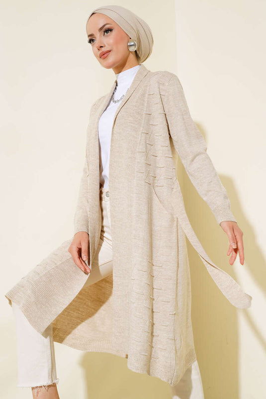 Cardigan Beige À Boutons Latéraux Et Détails À Nouer