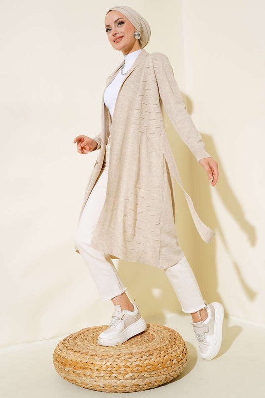 Cardigan Beige À Boutons Latéraux Et Détails À Nouer