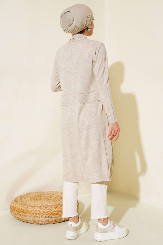 Cardigan Beige À Boutons Latéraux Et Détails À Nouer