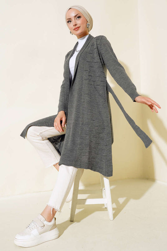 Side-Seamed Lace-Up Cardigan in Smoke