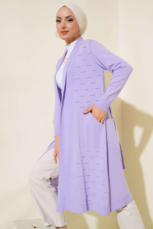 Strickjacke mit Seitennähten und Schnürung, Flieder