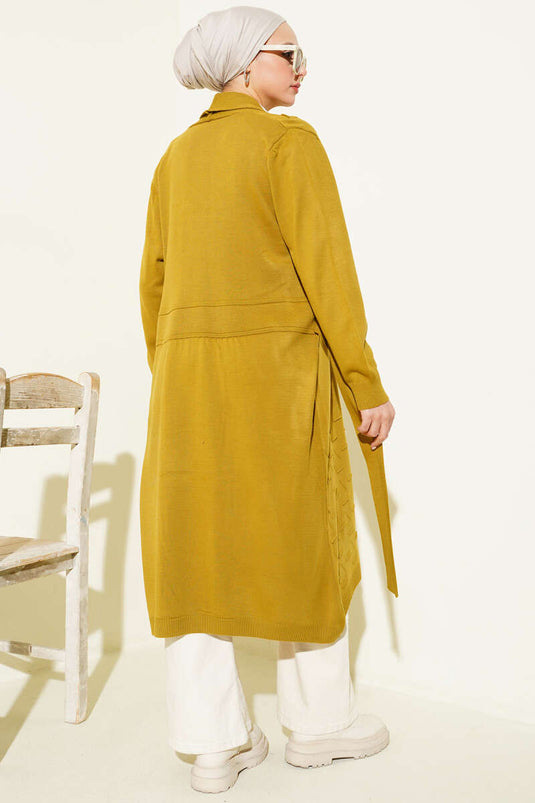 كارديغان بأربطة وخياطة جانبية بلون زيتوني