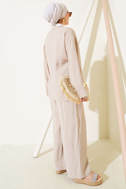 Side Rope Tied Kimono Two Piece Set Beige