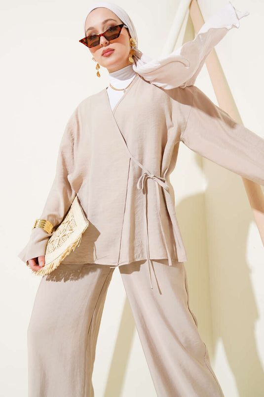 Side Rope Tied Kimono Two Piece Set Beige