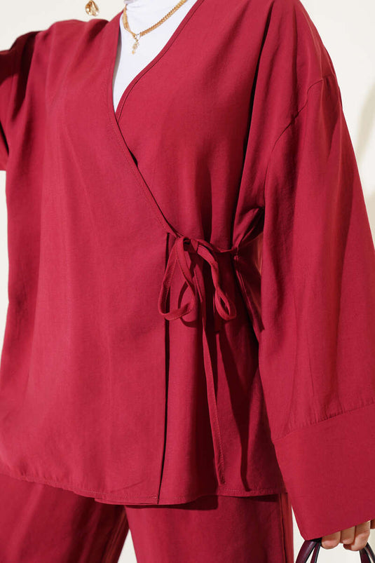 Yandan İp Bağcıklı Kimono İkili Takım Bordo