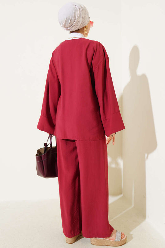 Side Rope Tied Kimono Two Piece Set Claret Red