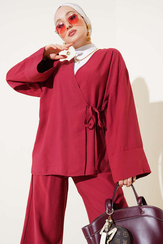Side Rope Tied Kimono Two Piece Set Claret Red