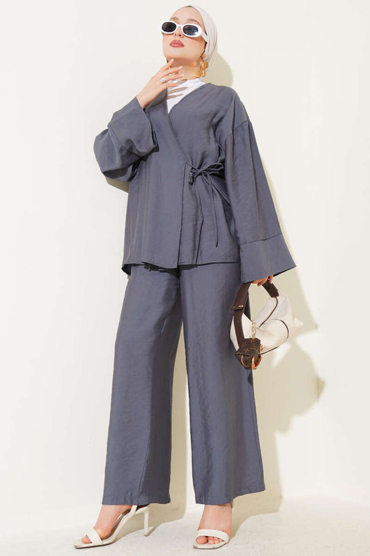 Yandan İp Bağcıklı Kimono İkili Takım Fume