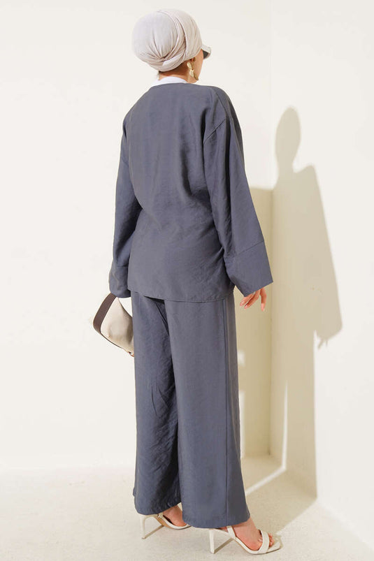 Yandan İp Bağcıklı Kimono İkili Takım Fume