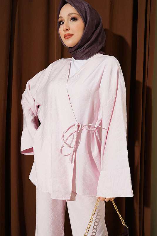 Yandan İp Bağcıklı Kimono İkili Takım Pembe