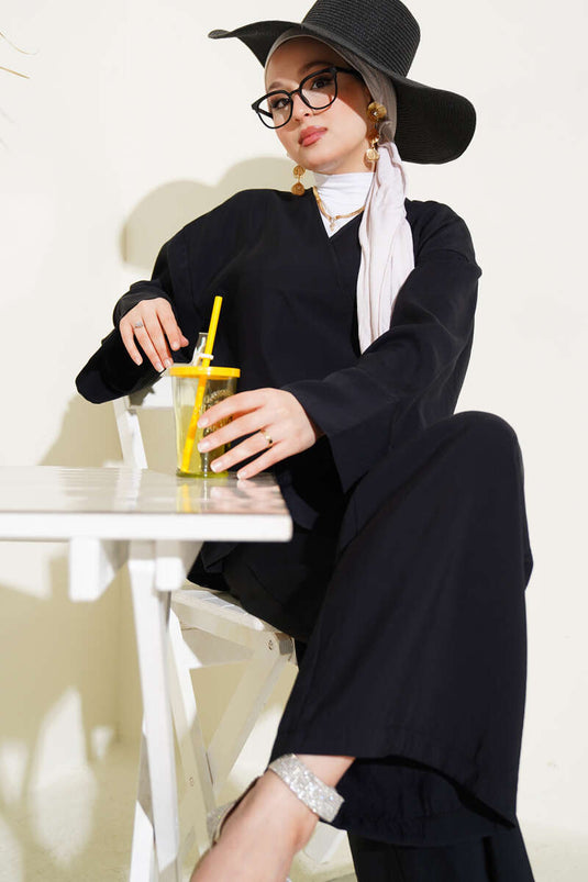 Side Rope Tied Kimono Two Piece Set Black