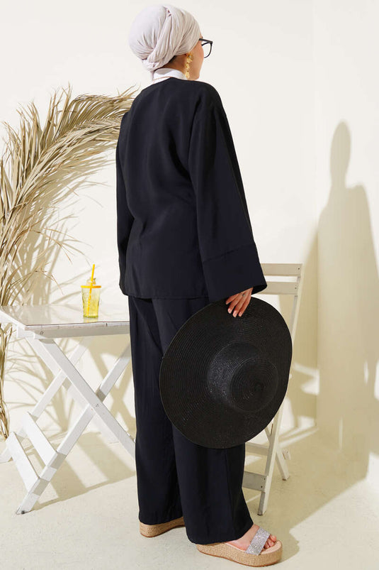 Side Rope Tied Kimono Two Piece Set Black