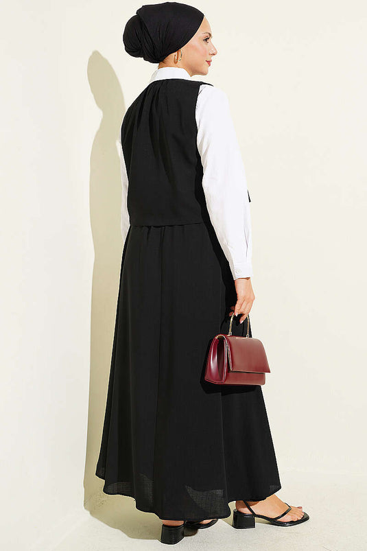 Conjunto De Dos Piezas Negro Con Detalle De Lazo Lateral Falda