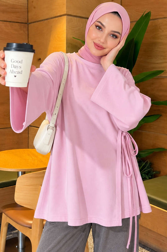 تونيك بتفاصيل حزام جانبي وردي