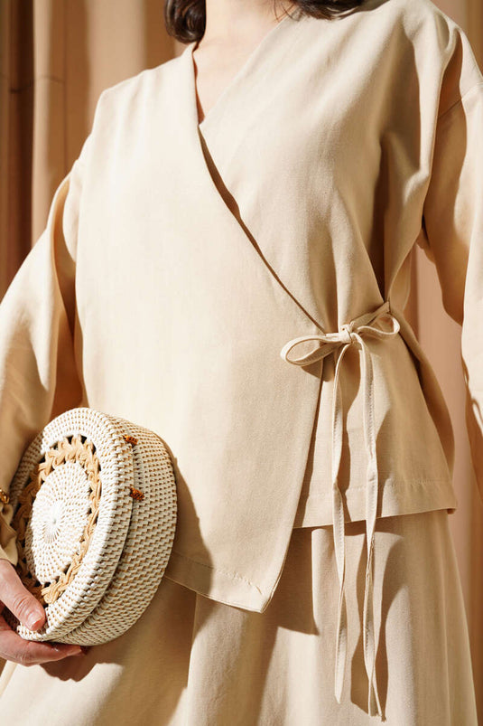 Linen Two Piece Set with Side Rope Tie Skirt Beige