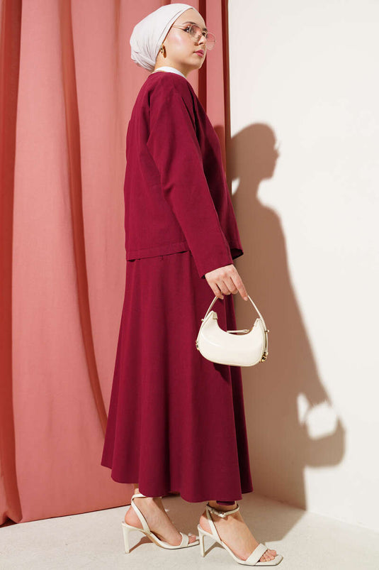Linen Two Piece Suit with Side Rope Tie Skirt Claret Red