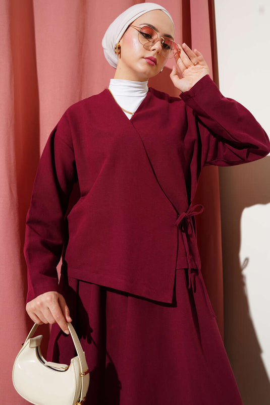 Linen Two Piece Suit with Side Rope Tie Skirt Claret Red