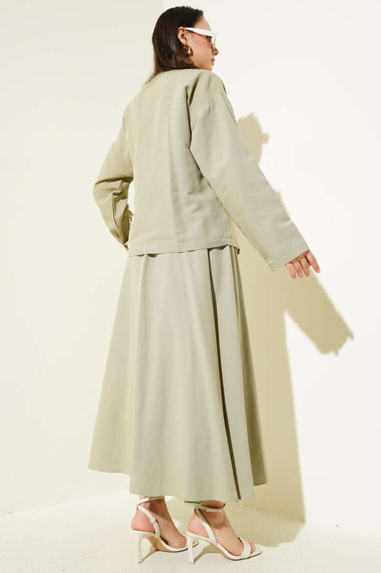 Linen Two Piece Suit with Side Rope Tie Skirt, Almond Green
