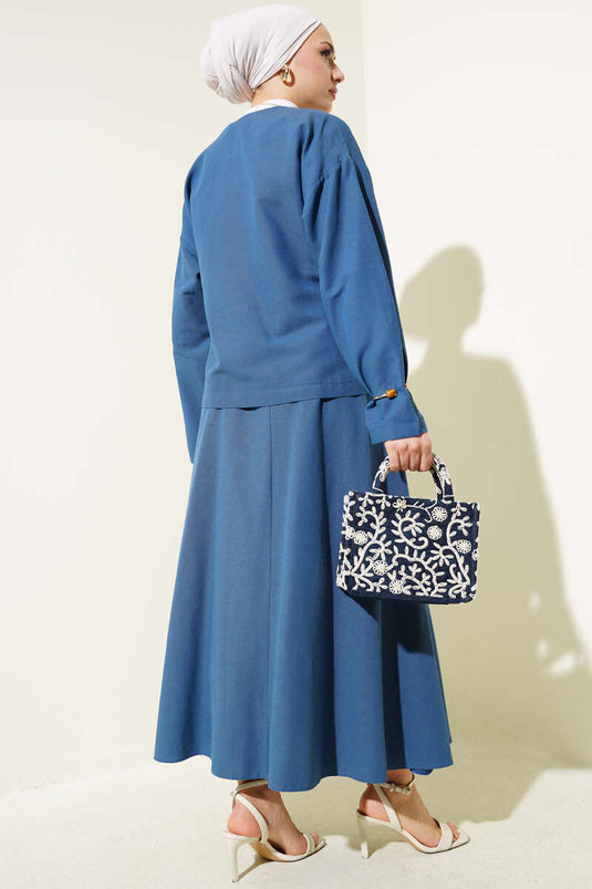 Linen Two Piece Suit with Side Rope Tie Skirt Blue