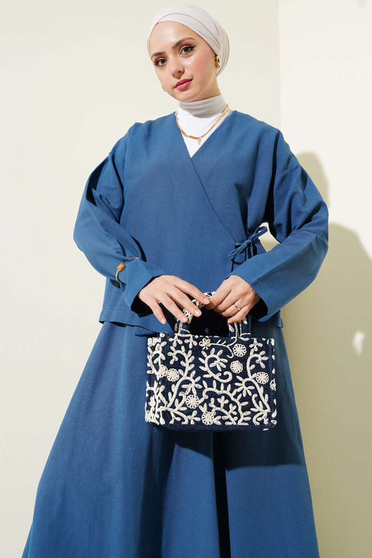 Linen Two Piece Suit with Side Rope Tie Skirt Blue