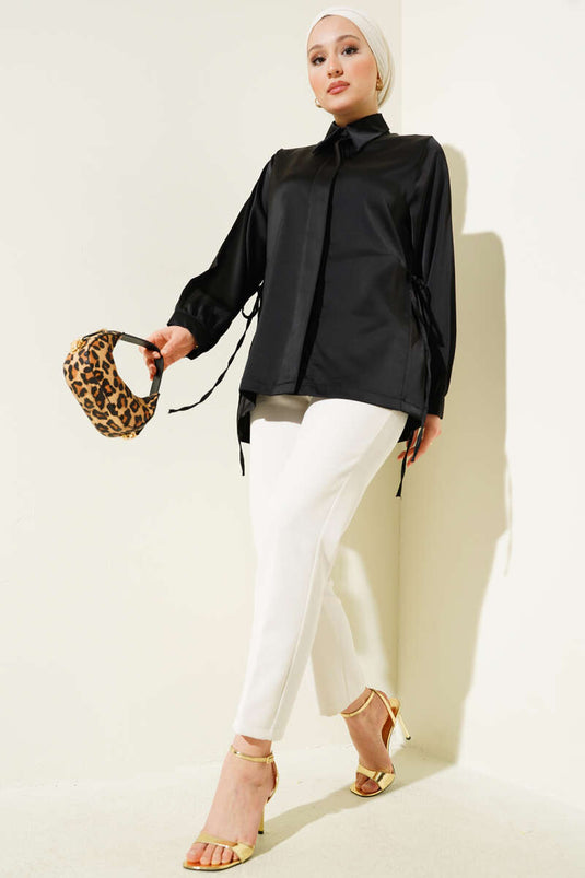 Side Tie Satin Shirt Black