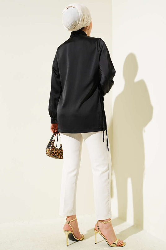Side Tie Satin Shirt Black