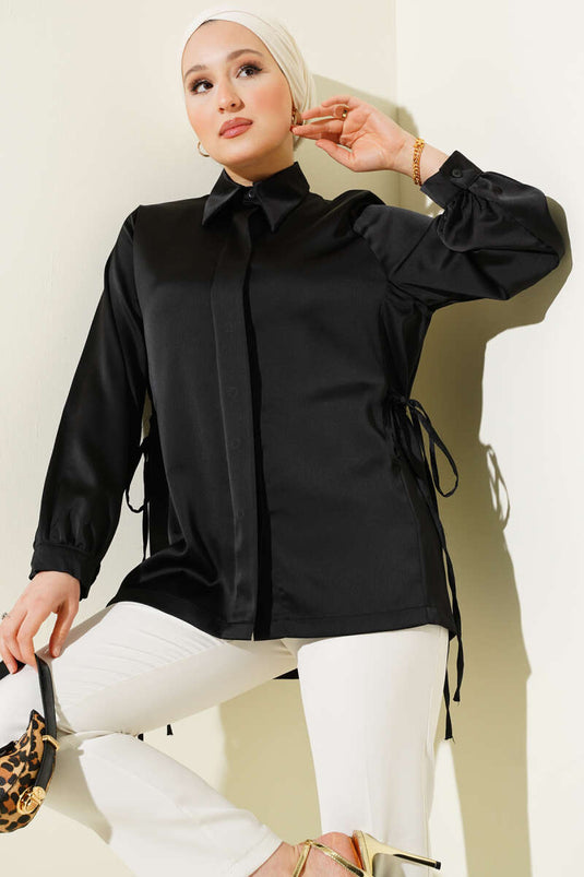 Side Tie Satin Shirt Black