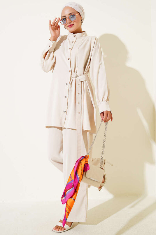 Two-Piece Set with Side Belt Detail, Beige