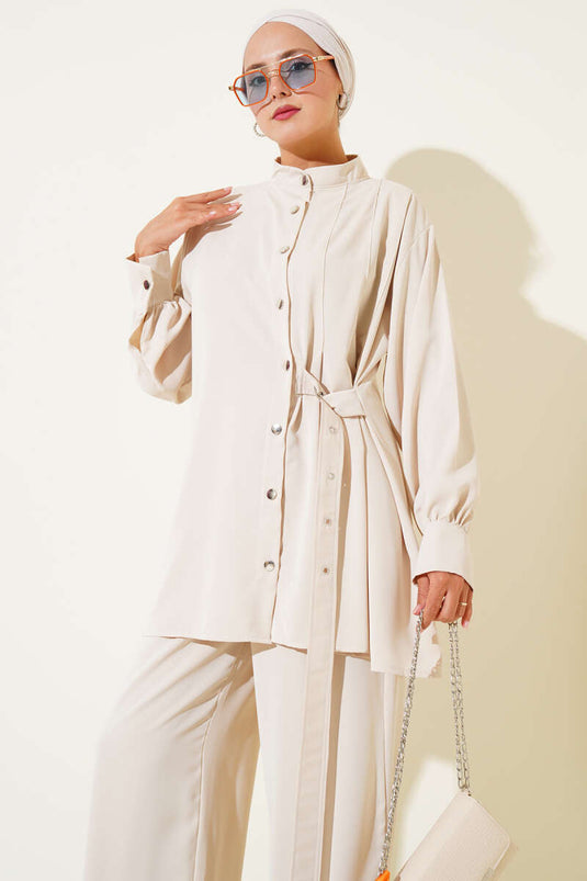 Two-Piece Set with Side Belt Detail, Beige