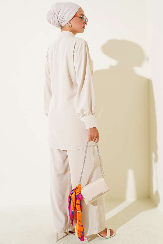 Two-Piece Set with Side Belt Detail, Beige