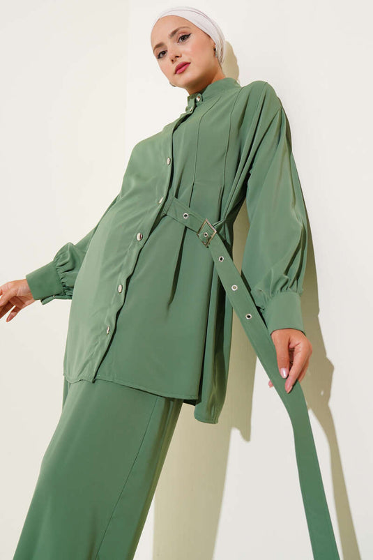 Side Belt Detailed Two-Piece Suit in Green